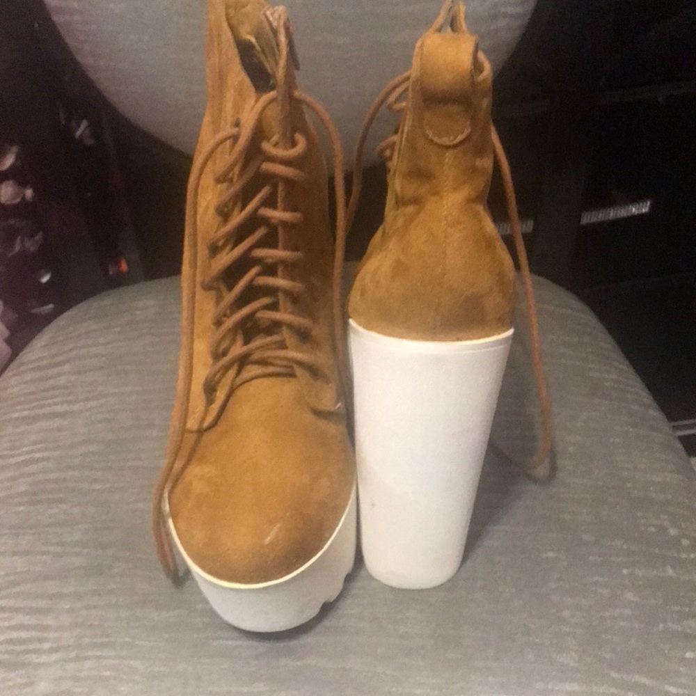 Tan chunky heel booties, matching sweater